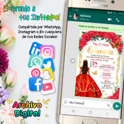 Mis XV Años Rosas Rojas Esmeralda Invitación Digital