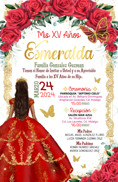 Mis XV Años Rosas Rojas Esmeralda Invitación Digital