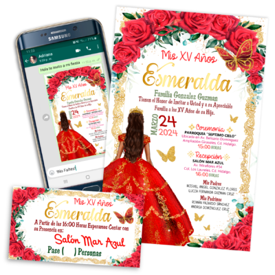 Mis XV Años Rosas Rojas Esmeralda Invitación Digital