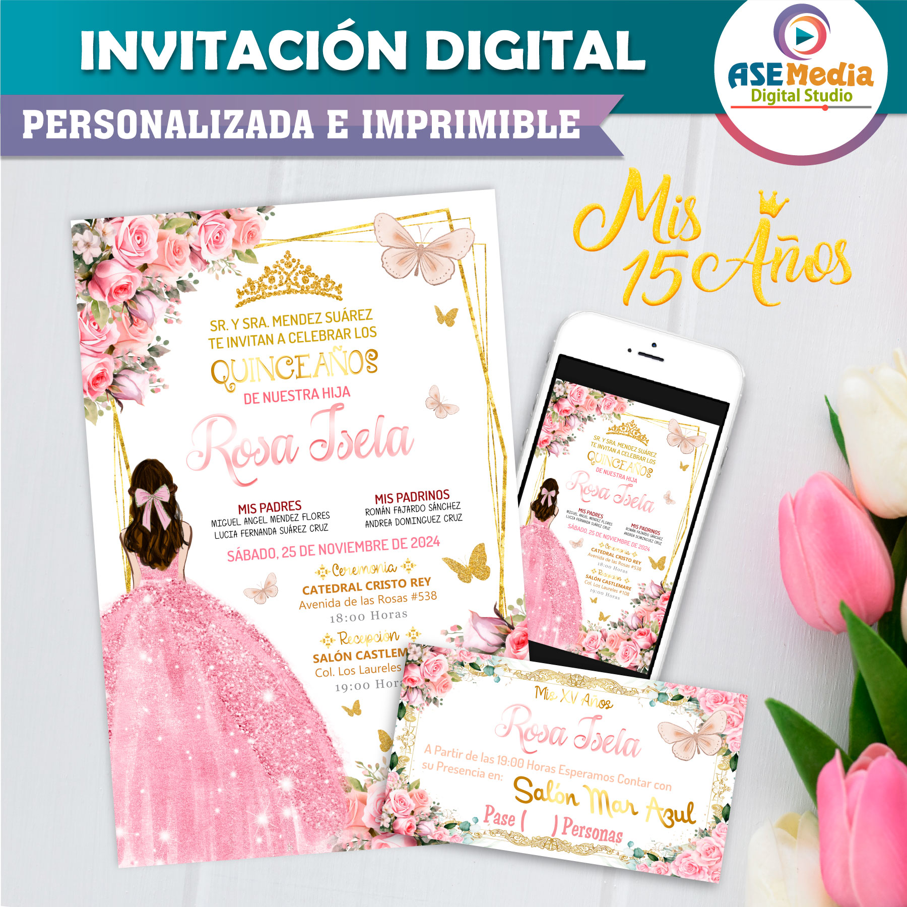 Mis XV Años Floral Rosa Pastel Invitación Digital