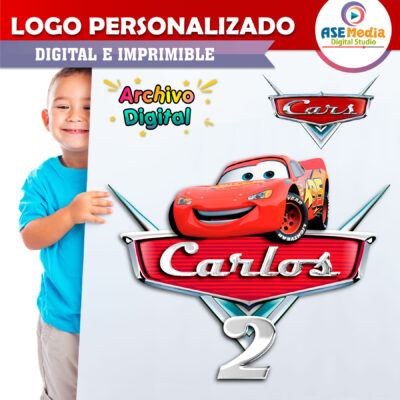 Cars, Rayo McQueen y Mate Logo Personalizado con Nombre para Cumpleaños