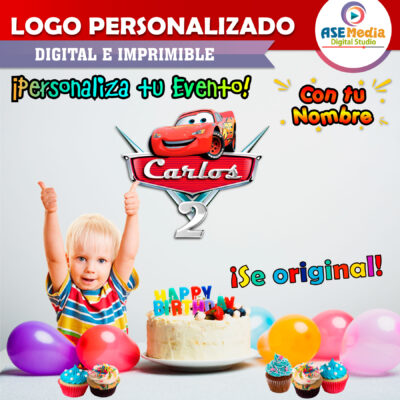 Cars, Rayo McQueen y Mate Logo Personalizado con Nombre para Cumpleaños