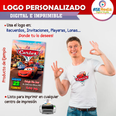 Cars, Rayo McQueen y Mate Logo Personalizado con Nombre para Cumpleaños