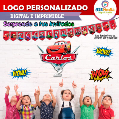 Cars, Rayo McQueen y Mate Logo Personalizado con Nombre para Cumpleaños