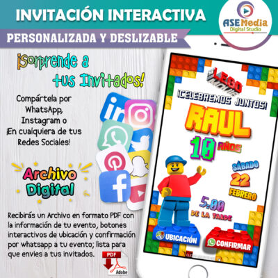 LEGO, Bloques Niña – Invitación Interactiva de Cumpleaños para WhatsApp