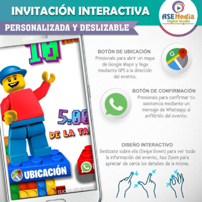 LEGO, Bloques Niña – Invitación Interactiva de Cumpleaños para WhatsApp