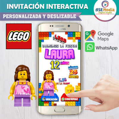 LEGO, Bloques Niña – Invitación Interactiva de Cumpleaños para WhatsApp