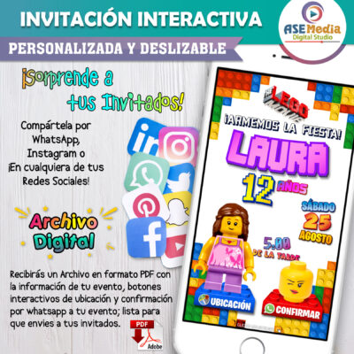 LEGO, Bloques Niña – Invitación Interactiva de Cumpleaños para WhatsApp