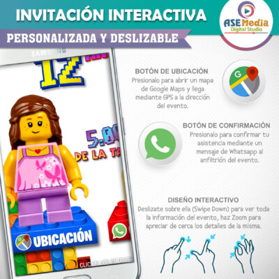 LEGO, Bloques Niña – Invitación Interactiva de Cumpleaños para WhatsApp