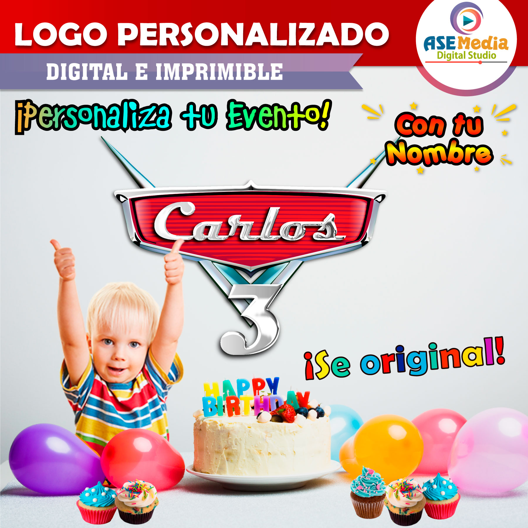Cars Rayo Mcqueen Logo Personalizado con Nombre para Cumpleaños