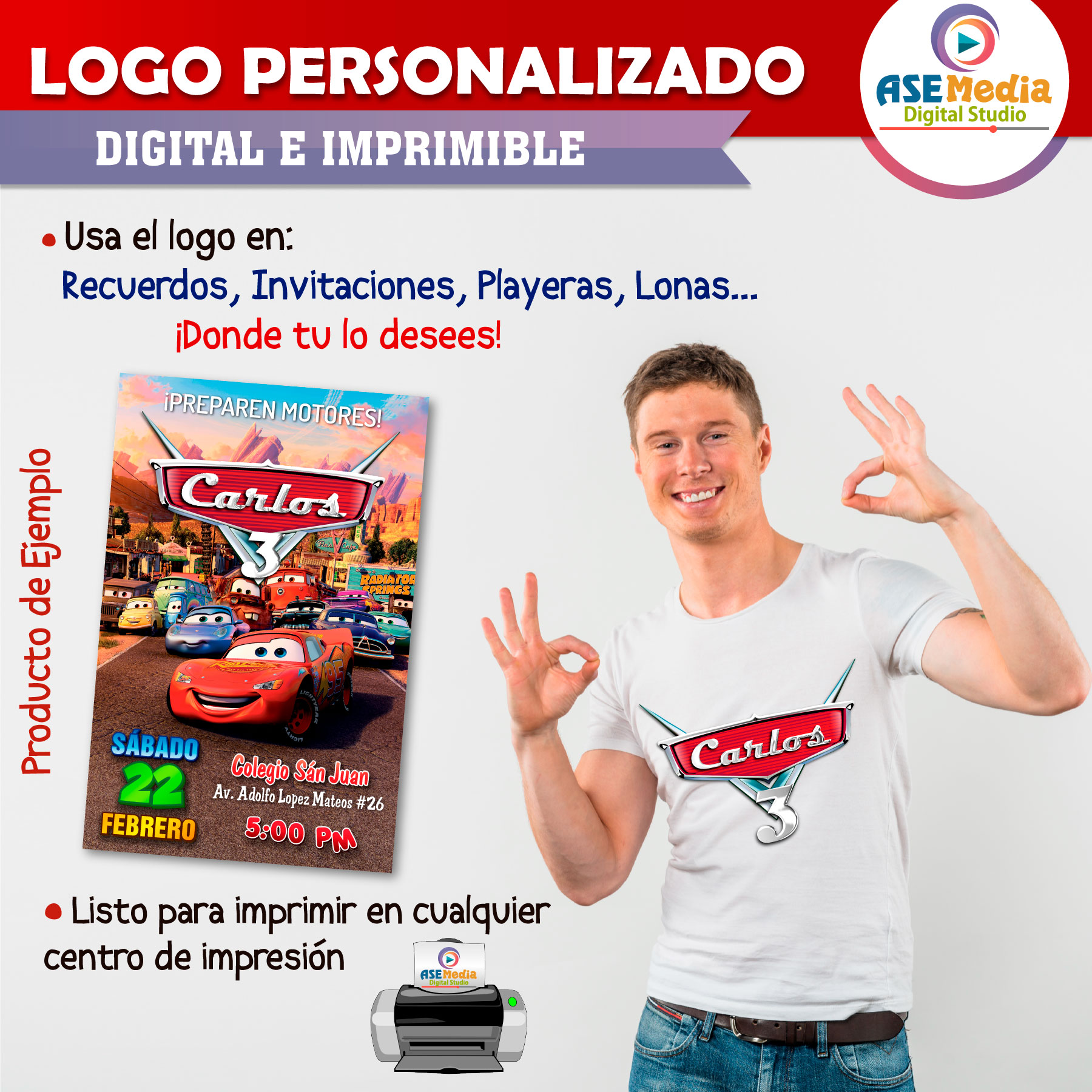Cars Rayo Mcqueen Logo Personalizado con Nombre para Cumpleaños