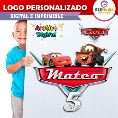 Cars, Rayo McQueen y Mate Logo Personalizado con Nombre para Cumpleaños Mod. 02