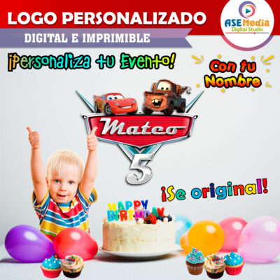Cars, Rayo McQueen y Mate Logo Personalizado con Nombre para Cumpleaños Mod. 02