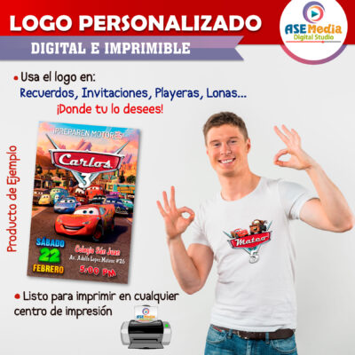 Cars, Rayo McQueen y Mate Logo Personalizado con Nombre para Cumpleaños Mod. 02