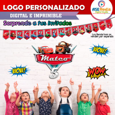 Cars, Rayo McQueen y Mate Logo Personalizado con Nombre para Cumpleaños Mod. 02