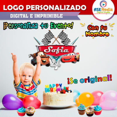 Cars, Rayo McQueen y Mate Logo Personalizado con Nombre para Cumpleaños Mod. 02 (copia)