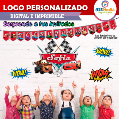 Cars, Rayo McQueen y Mate Logo Personalizado con Nombre para Cumpleaños Mod. 02 (copia)