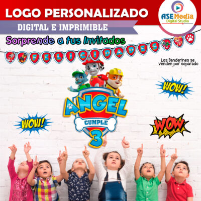 Paw Patrol, Rocky, Marshal y Rubble Logo Personalizado con Nombre