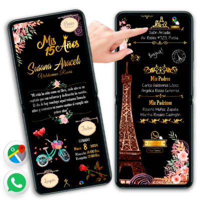 Mis XV Años en Paris, Tono Oscuro – Invitación Interactiva de Cumpleaños para WhatsApp