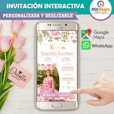 Mis XV Años, Rosa Floral Oro – Invitación Interactiva de Cumpleaños para WhatsApp