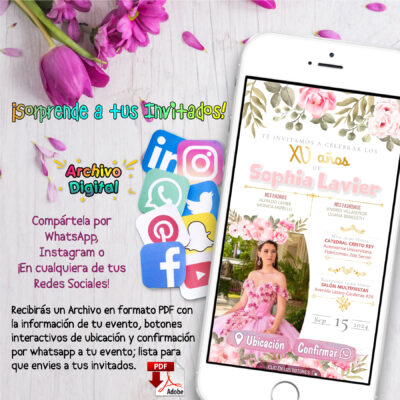 Mis XV Años, Rosa Floral Oro – Invitación Interactiva de Cumpleaños para WhatsApp