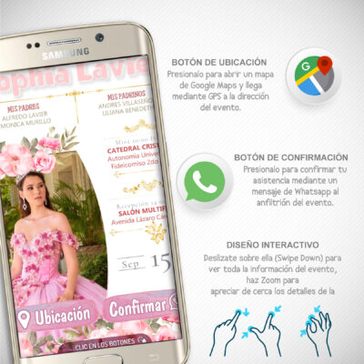 Mis XV Años, Rosa Floral Oro – Invitación Interactiva de Cumpleaños para WhatsApp