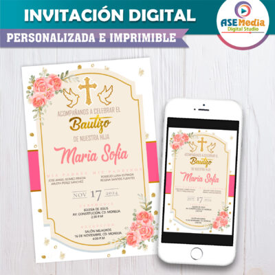 Bautizo Osito con Globos Verde Menta Invitación Digital