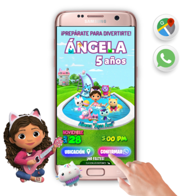La Casa de Muñecas de Gabby, Alberca – Invitación Interactiva de Cumpleaños para WhatsApp