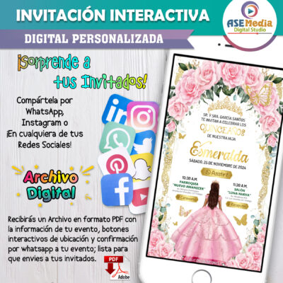 Mis XV Años, Floral Rosa Pastel – Invitación Interactiva de Cumpleaños para WhatsApp