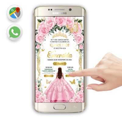 Mis XV Años, Rosa Floral Oro – Invitación Interactiva de Cumpleaños para WhatsApp