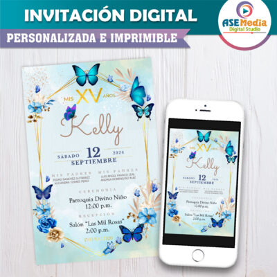 XV Años, Mariposas Azul Dorado Invitación Digital