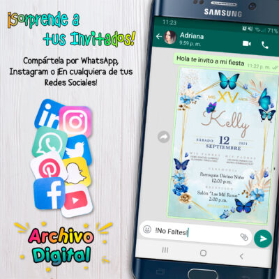 XV Años, Mariposas Azul Dorado Invitación Digital