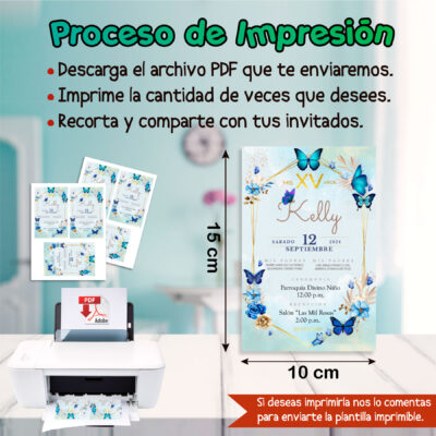XV Años, Mariposas Azul Dorado Invitación Digital