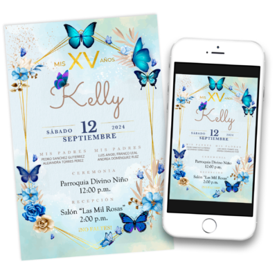 XV Años, Mariposas Azul Dorado Invitación Digital