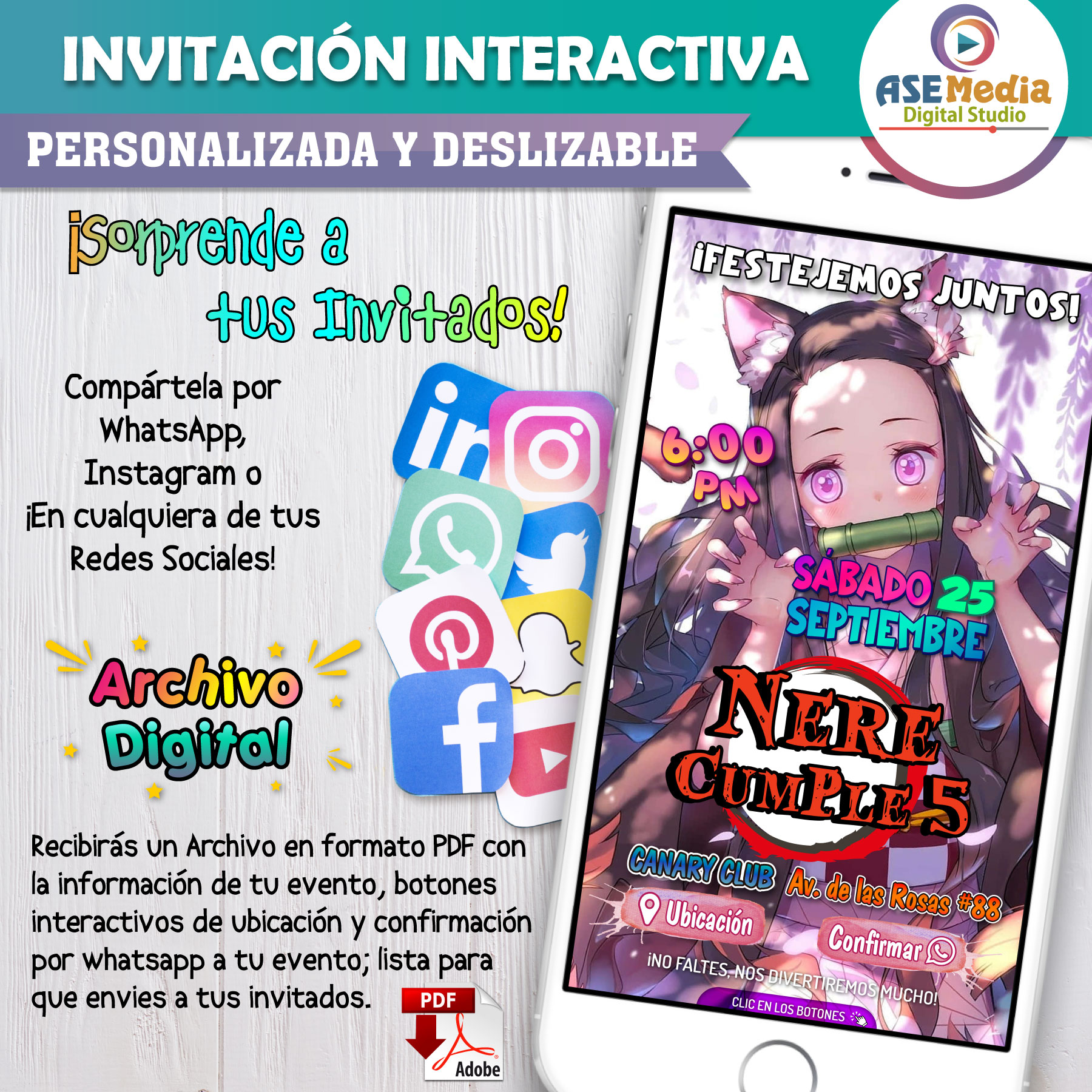 Demon Slayer, Nezuko – Invitación Interactiva de Cumpleaños para WhatsApp