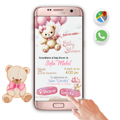 Baby Shower Osita Rosa con Globos – Invitación Interactiva para WhatsApp