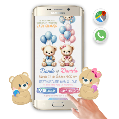 Baby Shower Gemelos Osito y Osita – Invitación Interactiva para WhatsApp