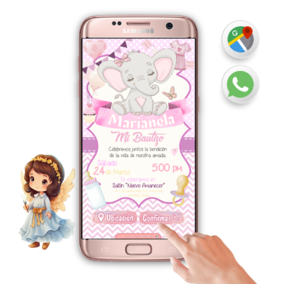 Mi Bautizo, Elefantita Rosa – Invitación Interactiva para WhatsApp