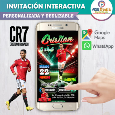 Cristiano Ronaldo, Manchester – Invitación Interactiva de Cumpleaños para WhatsApp