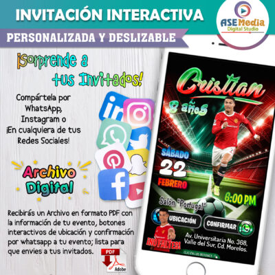 Cristiano Ronaldo, Manchester – Invitación Interactiva de Cumpleaños para WhatsApp