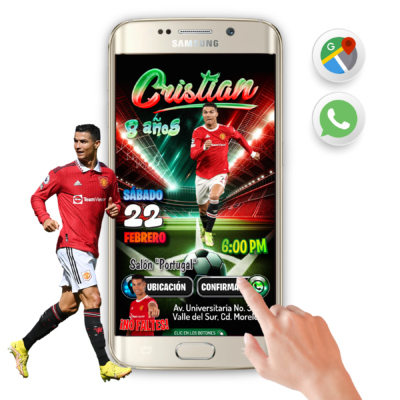 Cristiano Ronaldo, Manchester – Invitación Interactiva de Cumpleaños para WhatsApp