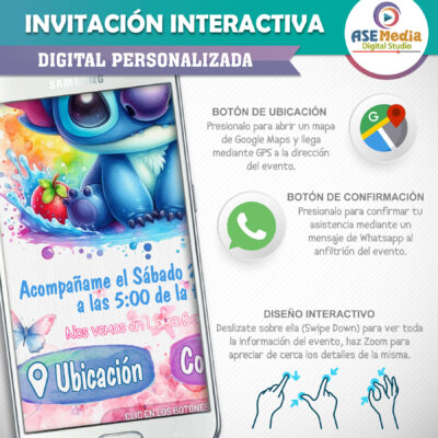 Stitch Watercolor – Invitación Interactiva de Cumpleaños para WhatsApp