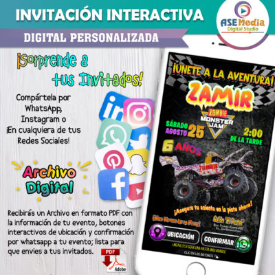 Monster Jam, Zombie – Invitación Interactiva de Cumpleaños para WhatsApp