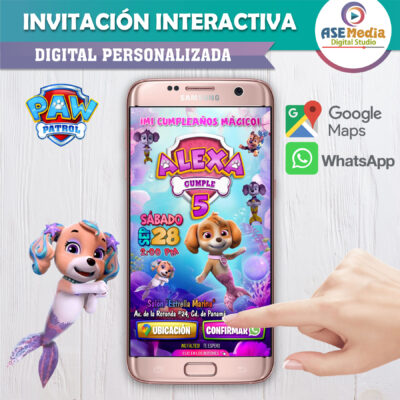 Paw Patrol, Sky Sirena – Invitación Interactiva de Cumpleaños para WhatsApp