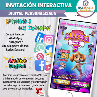 Paw Patrol, Sky Sirena – Invitación Interactiva de Cumpleaños para WhatsApp