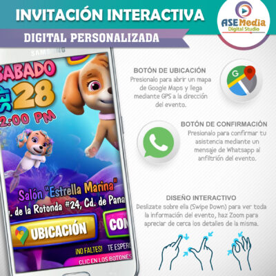 Paw Patrol, Sky Sirena – Invitación Interactiva de Cumpleaños para WhatsApp