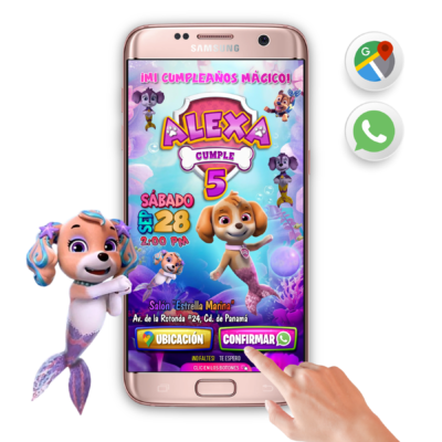 Paw Patrol, Sky Sirena – Invitación Interactiva de Cumpleaños para WhatsApp