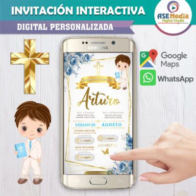 Mi Primera Comunión Floral para Niño – Invitación Interactiva para WhatsApp