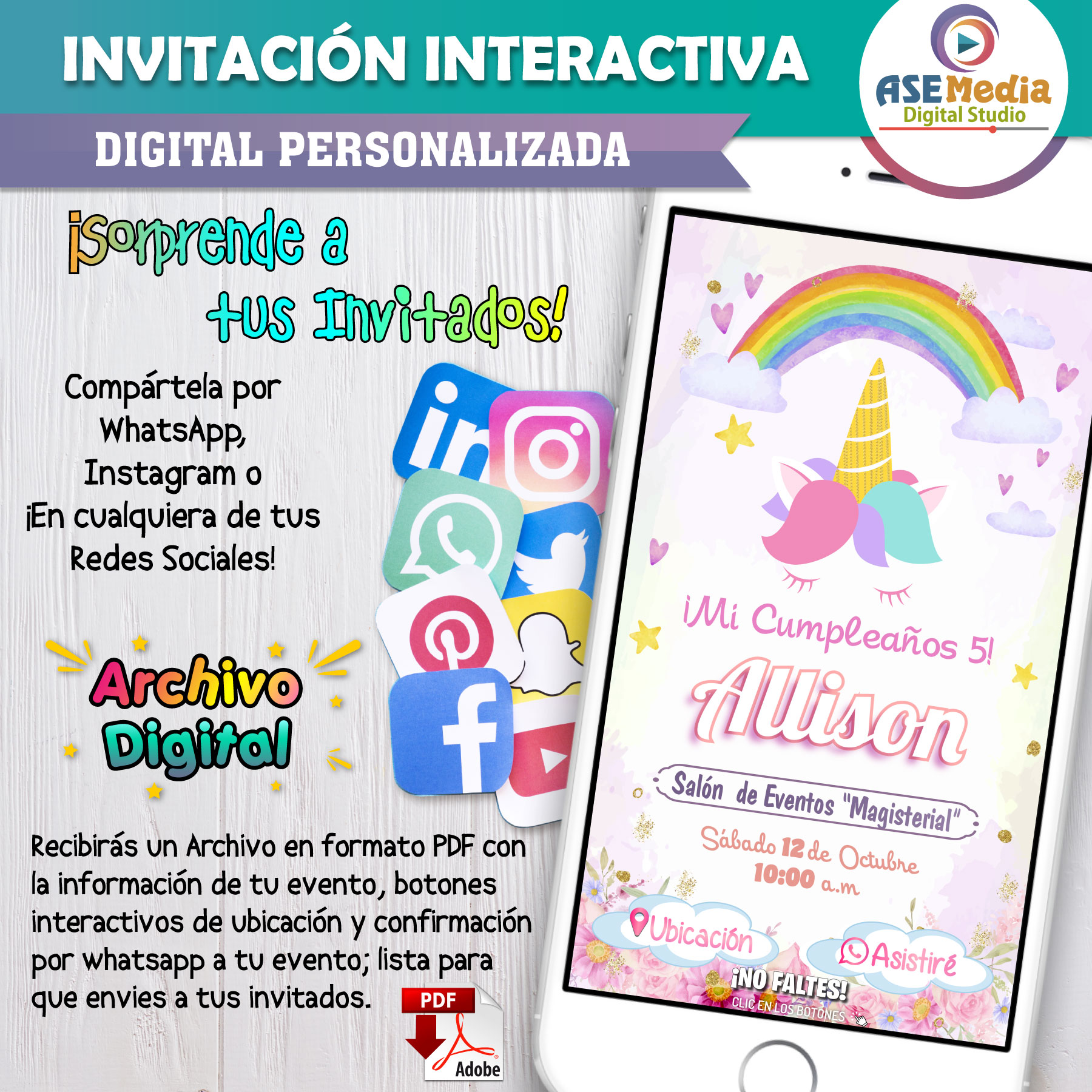 Unicornio Mágico – Invitación Interactiva de Cumpleaños para WhatsApp
