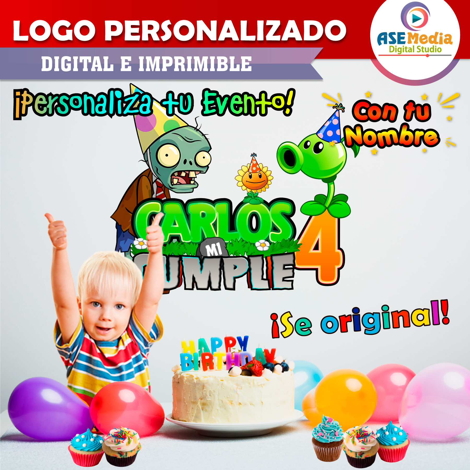 Plantas vs Zombies de Fiesta Logo Personalizado con Nombre